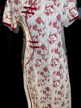 White and Red Floral Lace Cheongsam Style Dress